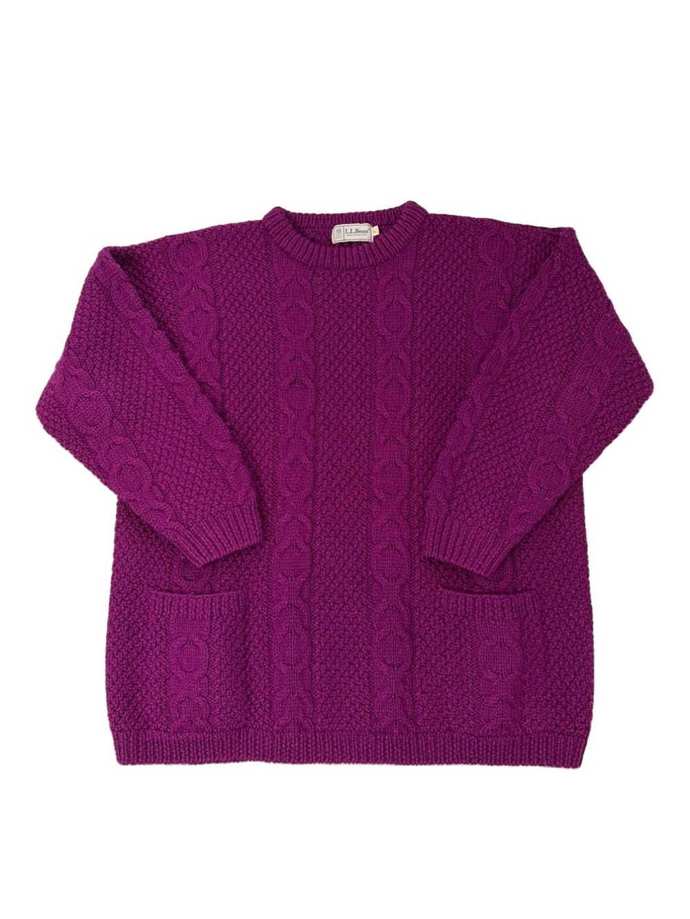Vintage LL Bean BERRY Fisherman's Cable Knit Wool Sweater Pockets Men's L Purple